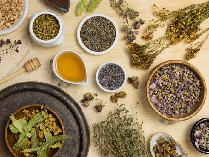 Flat lay of natural medicinal spices and herbs