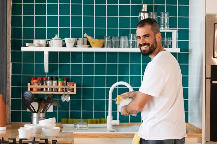 Smiley man washing dish medium shot