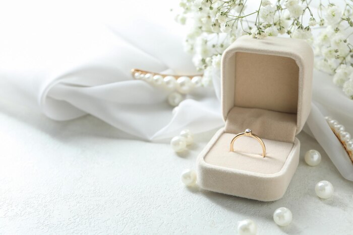 Concept of wedding accessories with wedding ring, close up