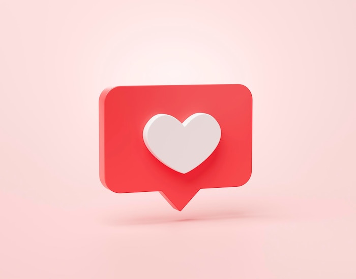 Heart shape or favorite social media notification icon in speech bubbles 3d cartoon banner website ui on pink background 3d rendering illustration