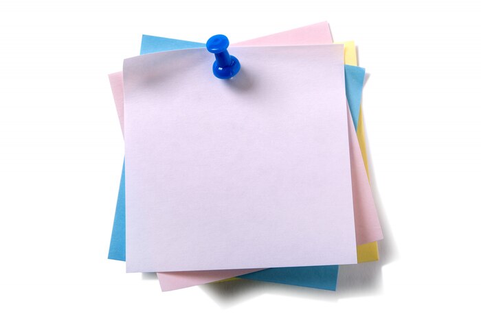 Untidy pile various colors sticky post notes with pushpin isolated on white