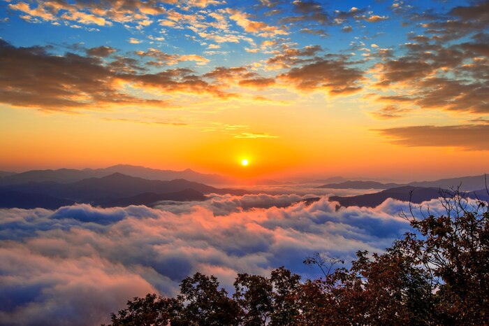 Seoraksan mountains is covered by morning fog and sunrise in seoul,korea
