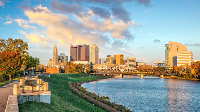 View of downtown columbus ohio skyline at sunset in usa