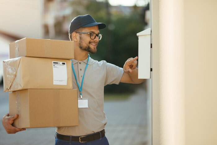 Young happy courier checking name on customer\'s mailbox while delivering packages at residential district