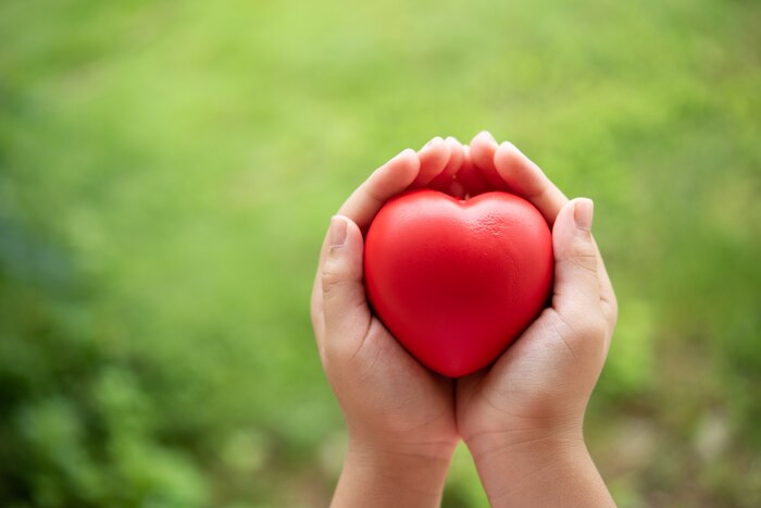 Child holding red rubber heart